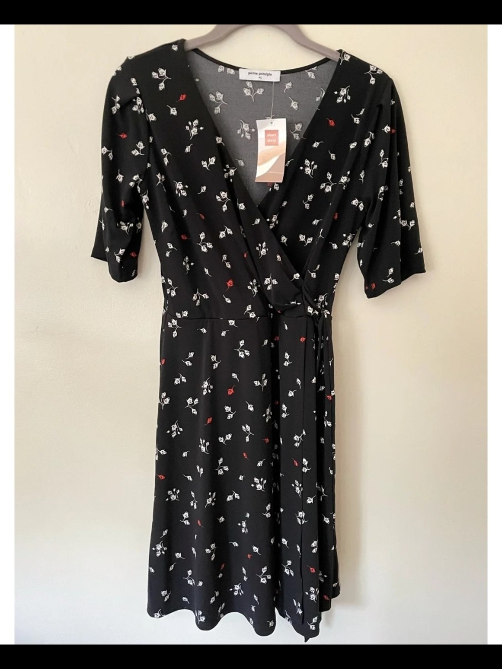 Petite Principle Camilla Black Floral Wrap Mini Dress with White & Red Roses